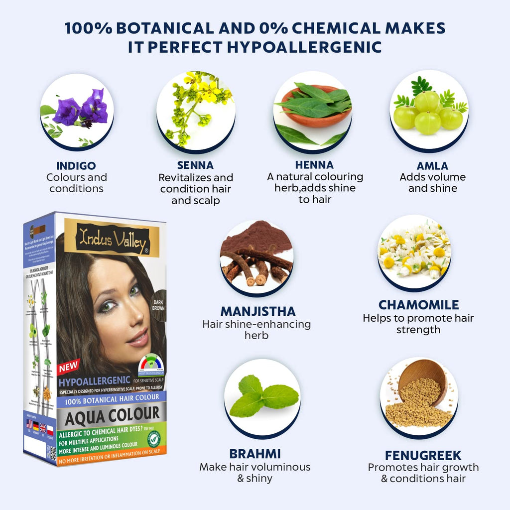 INDUS VALLEY Organic Natural Hypo Allergic Aqua Colour 100% Botanical Hair Colour (Dark Brown, 30ml + 200g)