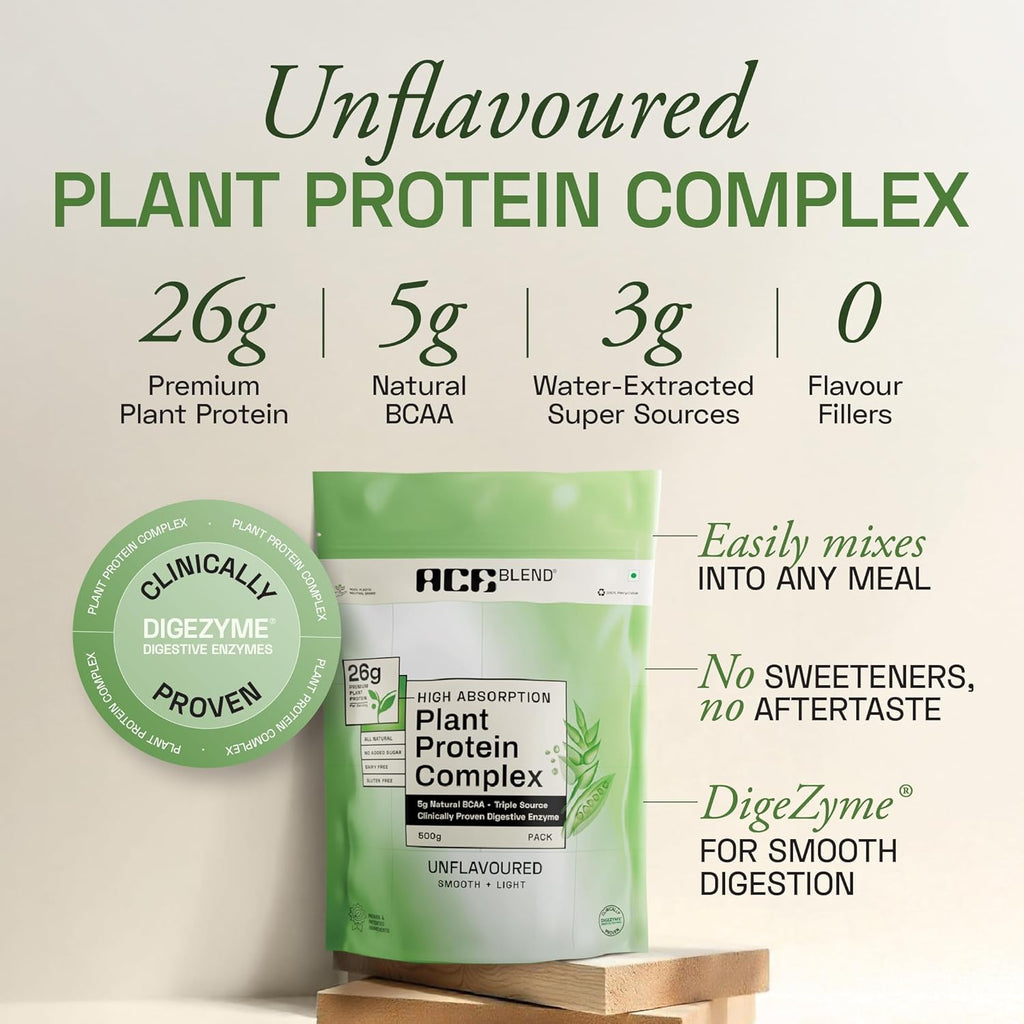 Ace Blend Unflavoured Plant Protein Triple Complex 500g | Brown Rice, Pea & Lentil | 26G / Serving | Complete Amino Acids | Gut Friendly | Soluble Food Fortifier for Aata, Dosas, Gravies, Baking