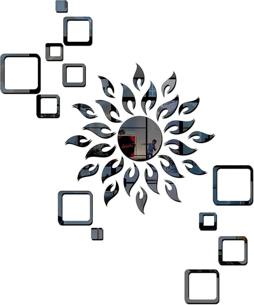 Bikri Kendra Art BK76, Sun with Square 2 Set - 3D Acrylic Wall Mount Mirror Stickers Black