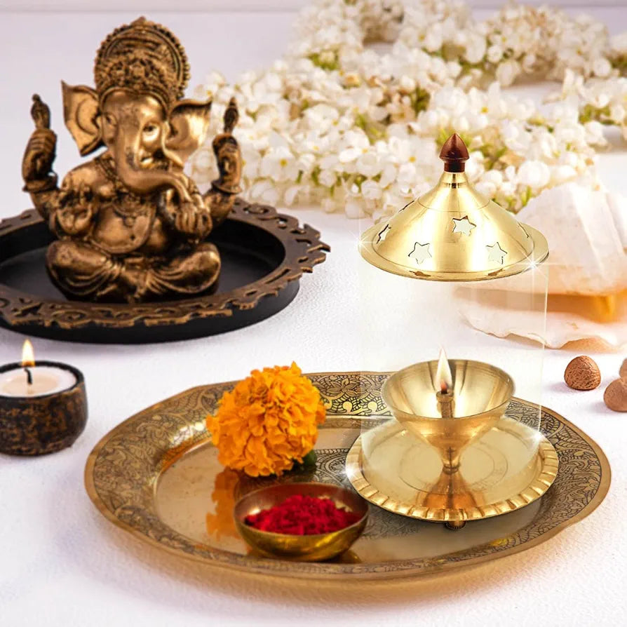 Shubhkart Nitya Udipi Diya Borosilicate Glass Brass Table Diya Oil Lamp