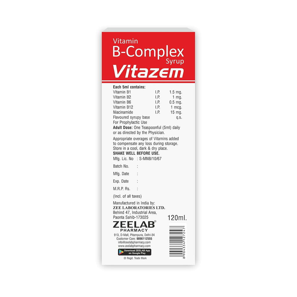Zeelab Vitazem Syrup 120ml | Complete Vitamin B-Complex Syrup Supplement for Men and Women | Sugar Free