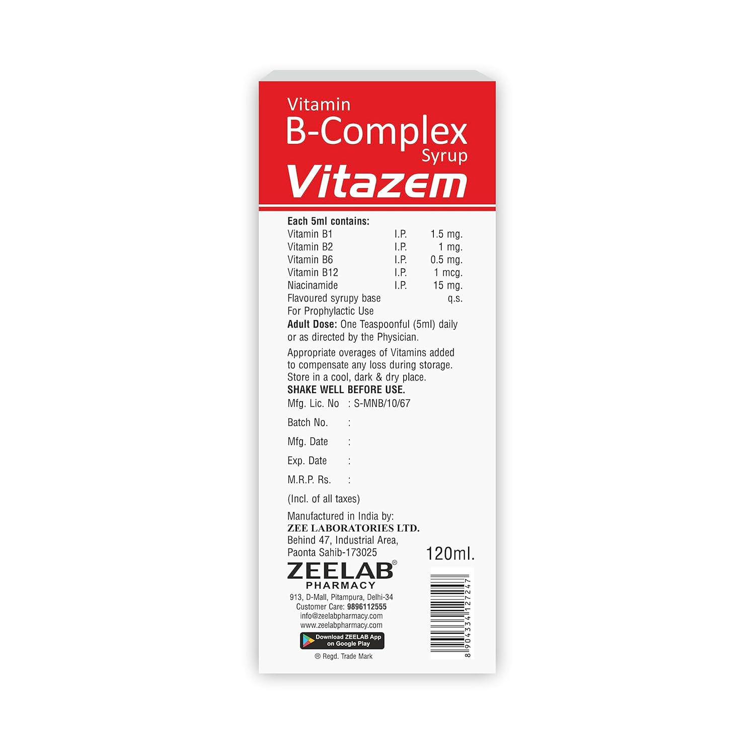 Zeelab Vitazem Syrup 120ml | Complete Vitamin B-Complex Syrup Supplement for Men and Women | Sugar Free