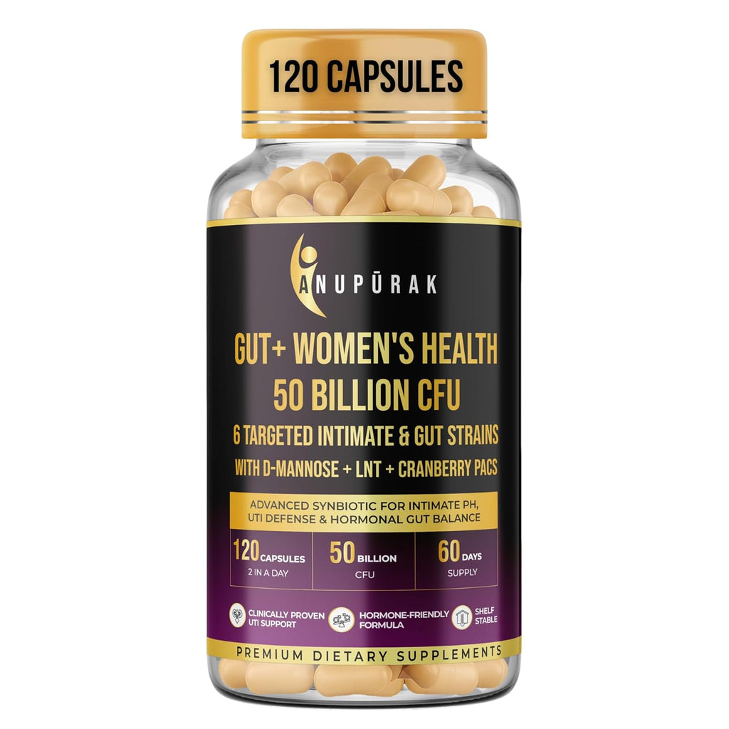 ANUPURAK Women's Probiotic 50 Billion CFU | Vaginal, Urinary Microbiome & Gut Health Support | 6 Strains Probiotic for Women with D-Mannose + Cranberry + LNT Prebiotic | 120 Capsules (60-Days)