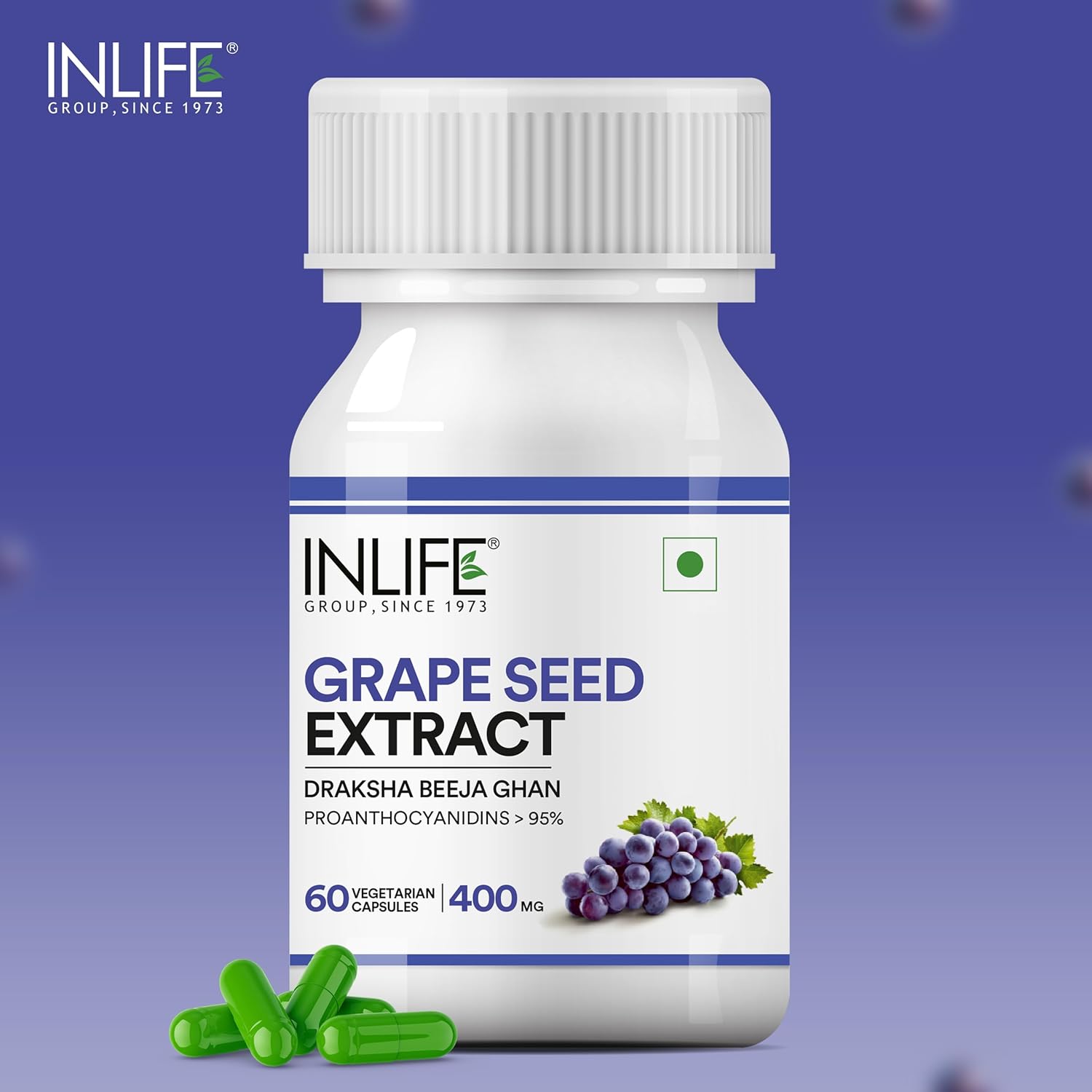 INLIFE Grape Seed Extract (Proanthocyanidins > 95%) Antioxidant, 400 mg - 60 Vegetarian Capsules (Pack of 1, 60)
