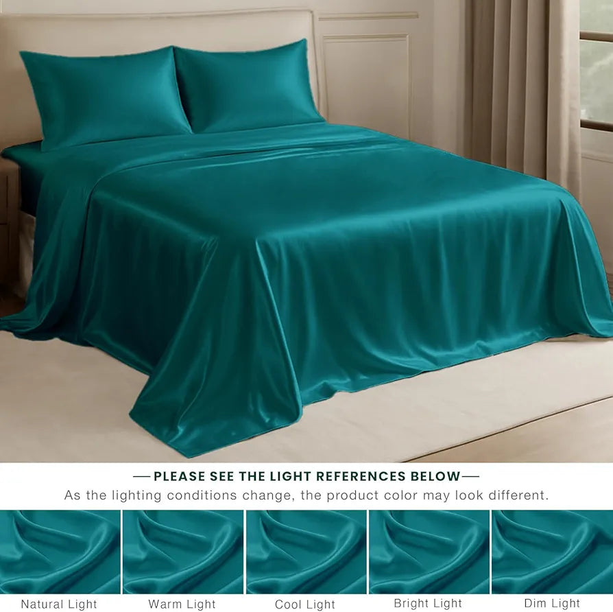 Cloth Fusion Satin Bedsheet for Queen Size Bed Set of 1 & 2 Pillow Covers Peacock Green