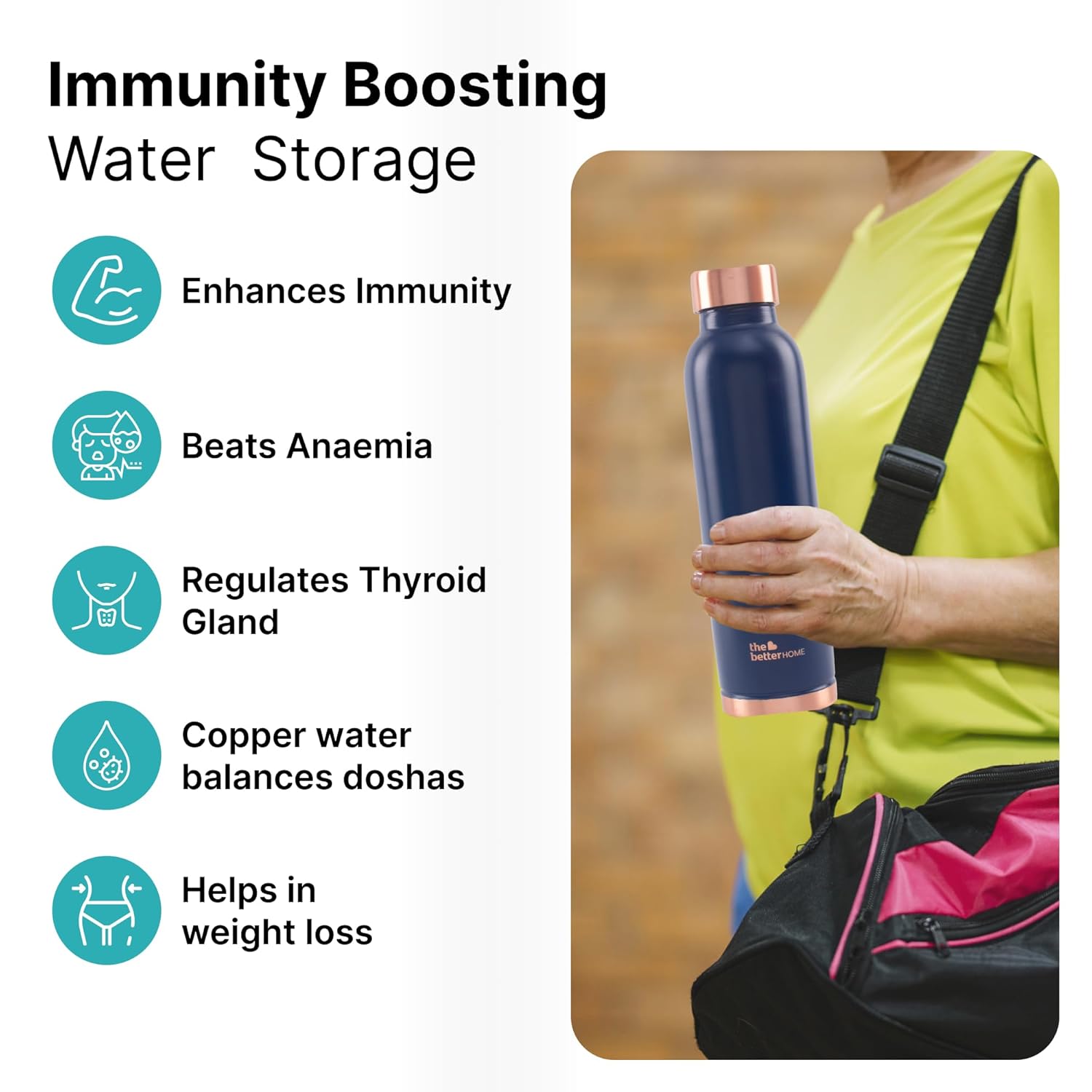 The Better Home Copper Water Bottle | Copper Water Bottle 950ml | With Anti Oxidant Properities | Provides Health Benefits | Pure Tamba | Blue