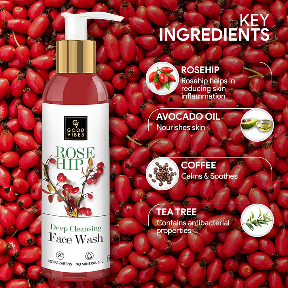 Good Vibes Rosehip Deep Cleansing Face Wash, 120 ml Naturally Controls Excess Sebum & Acne, Moisturizing Skin Softening Formula for All Skin Types, No Parabens & Mineral Oil