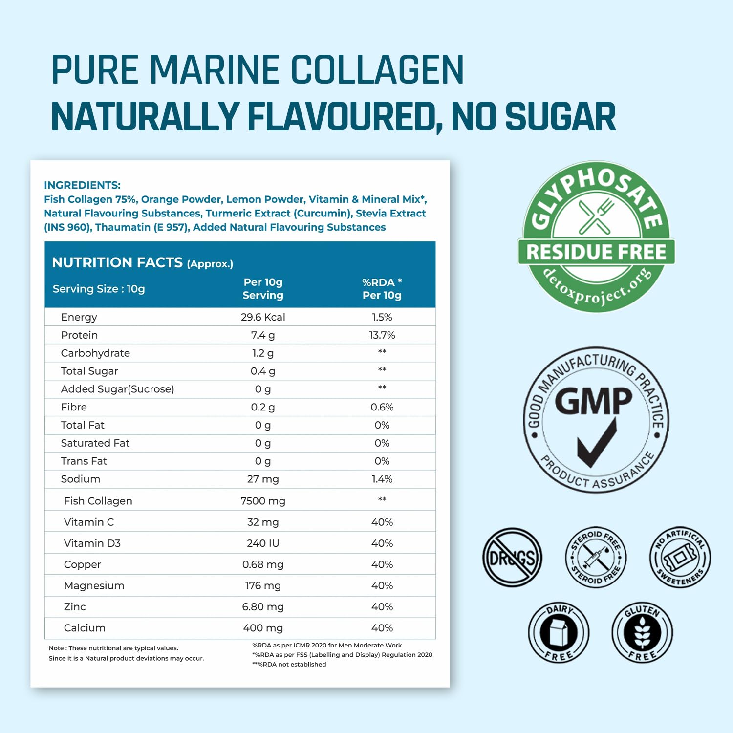 NATURALTEIN Pure Marine Collagen Supplement, 300g | Hydrolyzed Collagen Powder and Amino Acids | Supports Healthy Skin, Hair, Nails, Bone & Joint | Flavour: Orange