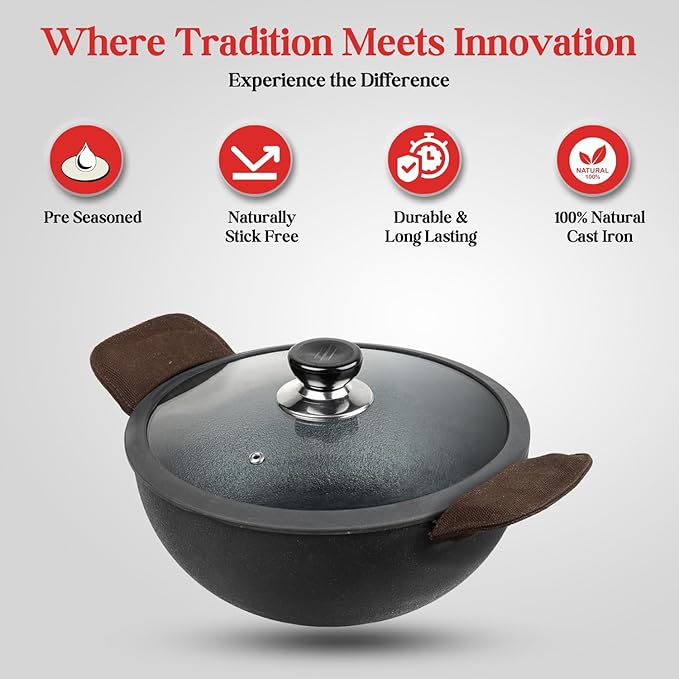 Vinod Legacy Pre Seasoned Cast Iron Kadai with Glass Lid - 3.3 Litre, 24 cm | Naturally Non Stick Kadhai for Cooking