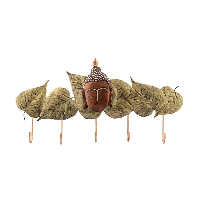 Ecraftindia Buddha Head With Green Leaves Wrought Iron Key Holder | Red and Brown