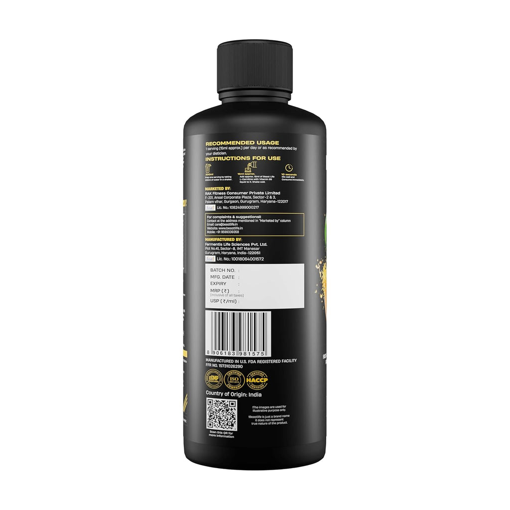 BeastLife L-Carnitine Liquid | 3300mg (Mango Flavor, 450 ml, 30 Servings) Converts Fat to Energy | Triple Strength Formula | Supports Weight Loss | With Vitamin B5 | No Added Sugar