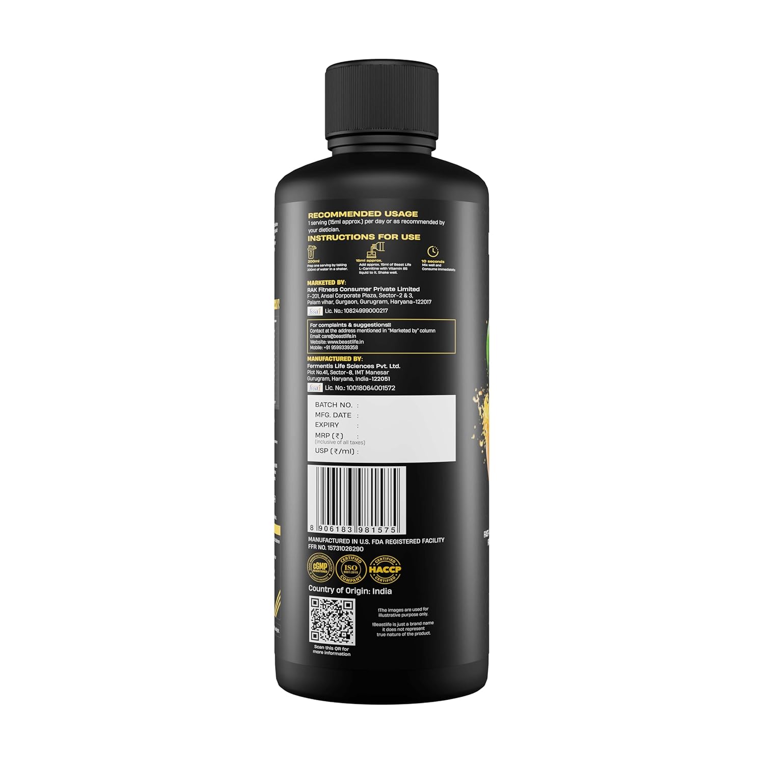 BeastLife L-Carnitine Liquid | 3300mg (Mango Flavor, 450 ml, 30 Servings) Converts Fat to Energy | Triple Strength Formula | Supports Weight Loss | With Vitamin B5 | No Added Sugar