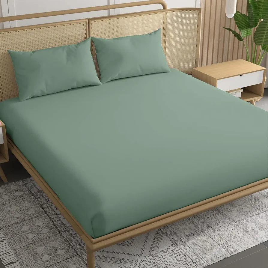 Trance Home Linen 300 TC Bamboo Fitted Queen Size Bedsheet Soft Breathable & Eco-Friendly Bedsheet with 2 Pillow Cover Colour Aqua Green