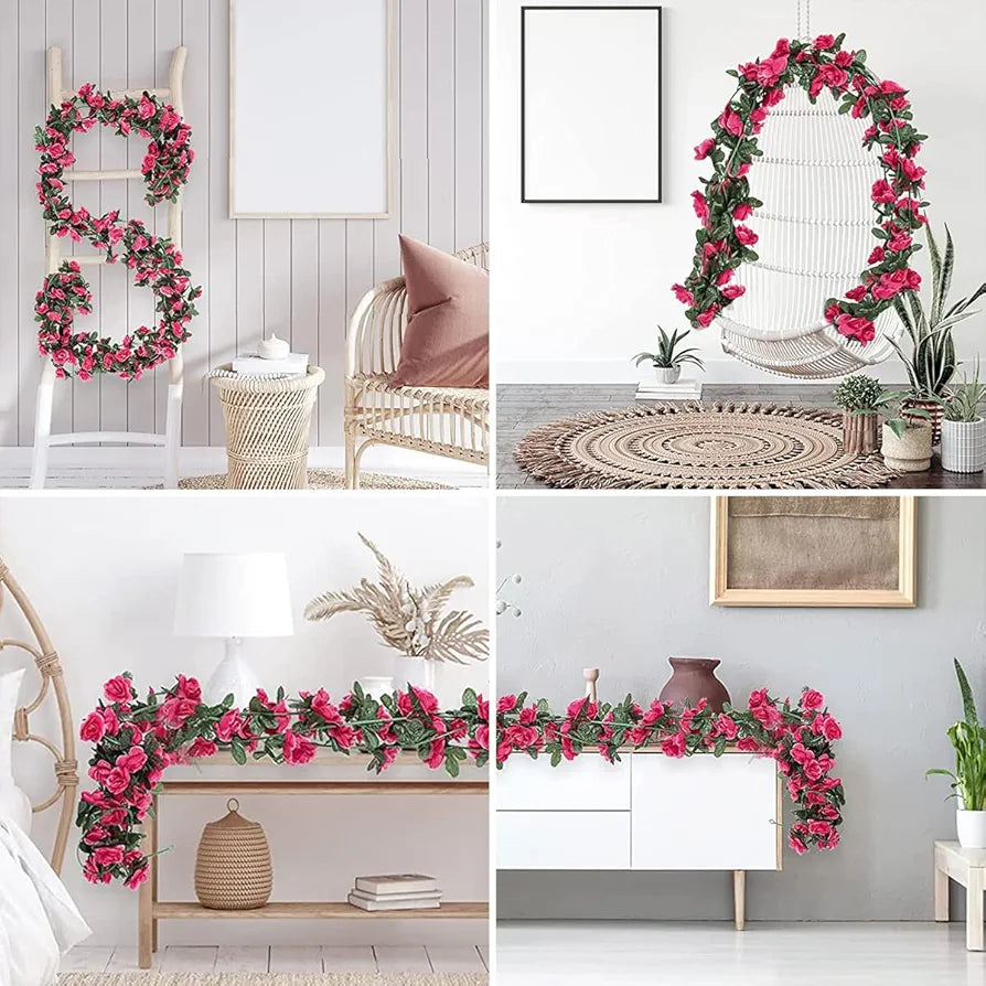 Plastic Artificial Rose Flowers Vine Garland 1.8M Rose Red