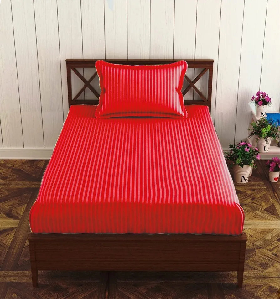 Trance Home Linen 100% Cotton 78x36 inch Single Fitted 200TC Satin Stripe Elastic Fitted Bedsheet with 1 Pillow Covers Colour Bright Red
