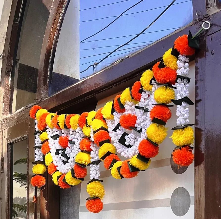Artificial Marigold Bandanwar with Jasmine 40 Inch Yellow & Orange Flower Marigold With Fold Leaf Bandanwar