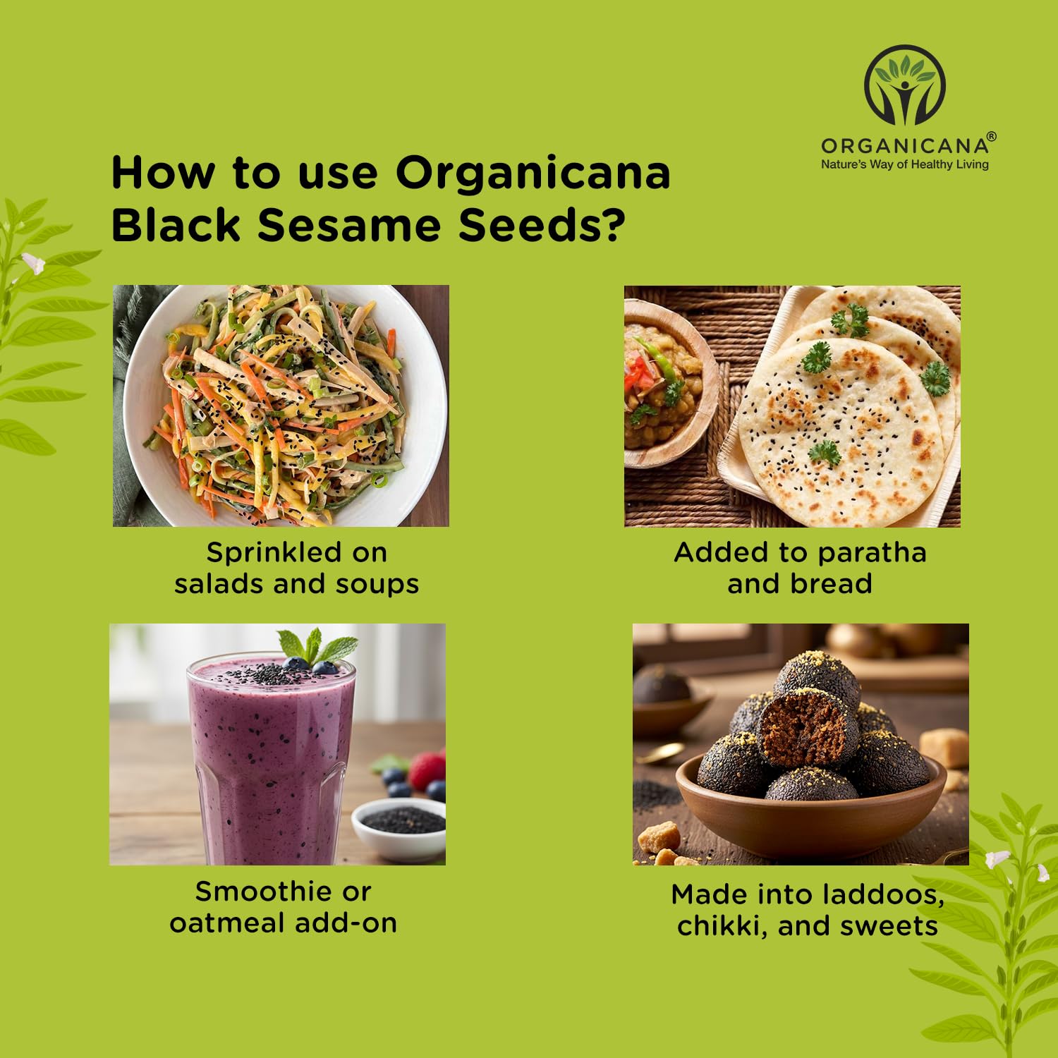 Organicana Black Sesame Seeds (Pack of 1) - Til for Eating | Natural Black Gingelly Oil Seed | Indian Spices for Everyday Essentials | Kaale Til for Weight Loss | Nutrient Rich Black Seeds