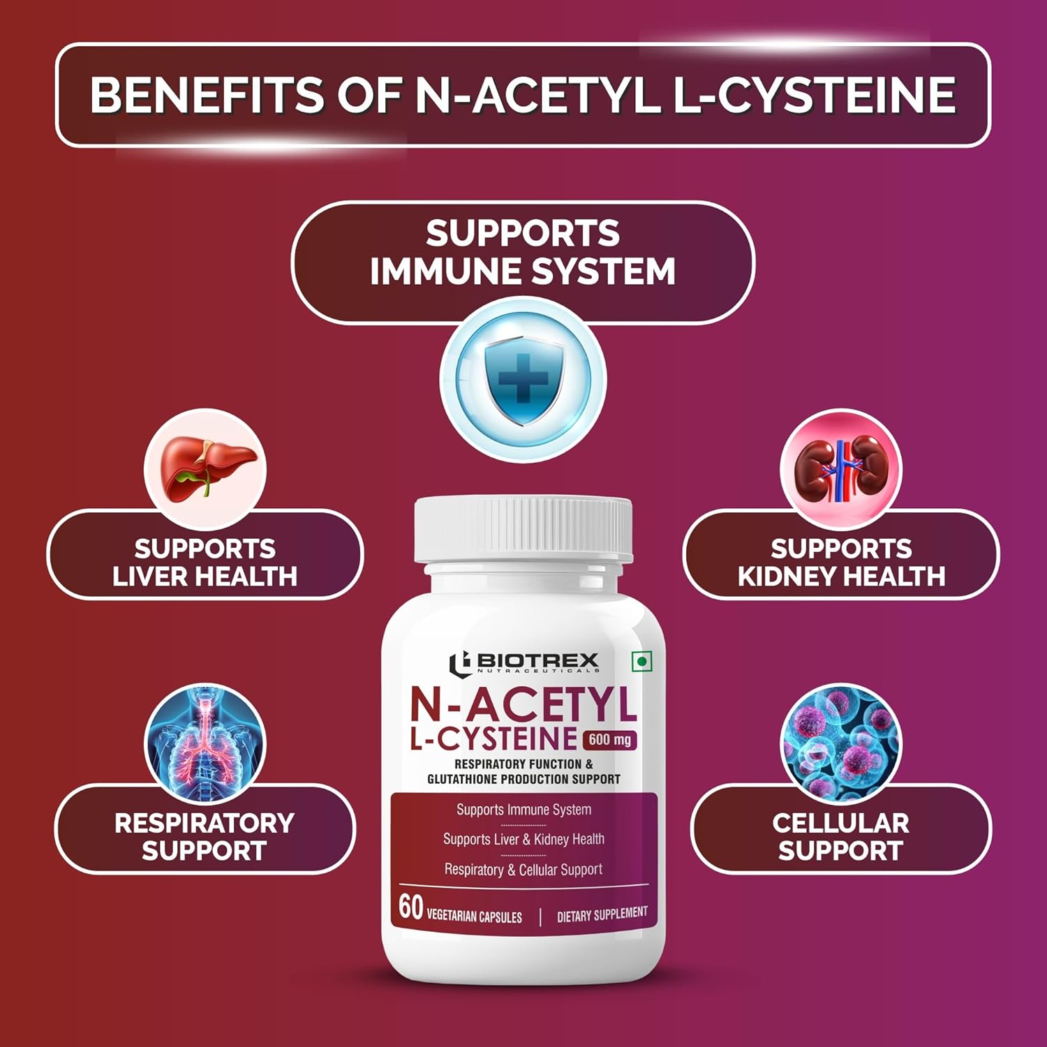 Biotrex Nutraceuticals N Acetyl L-Cysteine (NAC) 600mg, Antioxidant Production | Liver & Kidney | Immunity, Respiratory & Cellular Support - 60 Veg Capsules