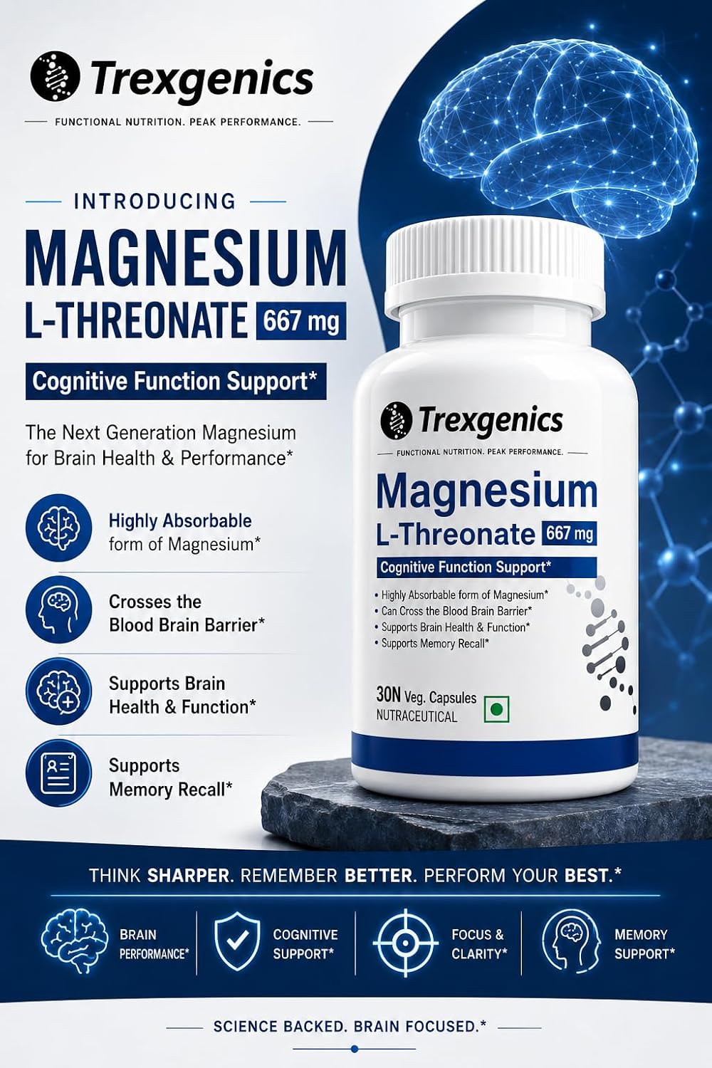 Trexgenics Magnesium L Threonate Cognitive Function & Brain Health Support (90 Veg. Capsules)