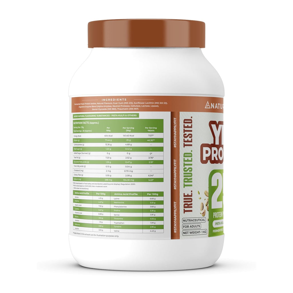 Naturaltein YES Protein 1kg | Fermented Yeast Vegan Protein Powder |Pista Kulfi Flavour| 25 g Protein | No Added Sugar | Naturally Sweetened | Digestive Enzymes | Heavy Metal Tested | 28 Servings