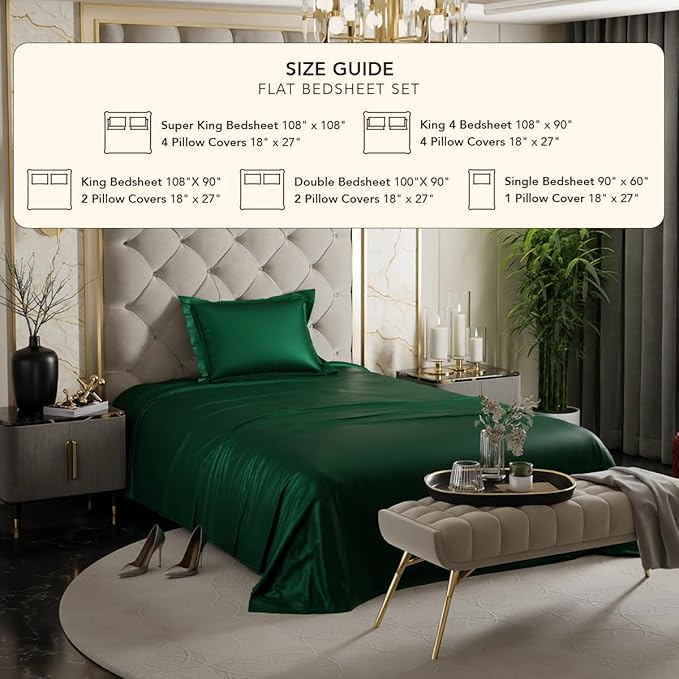 Stoa Paris Satin Bedsheets for Single Bed 300TC Premium Bedsheet with 1 Pillow Cover Colour Emerald Green