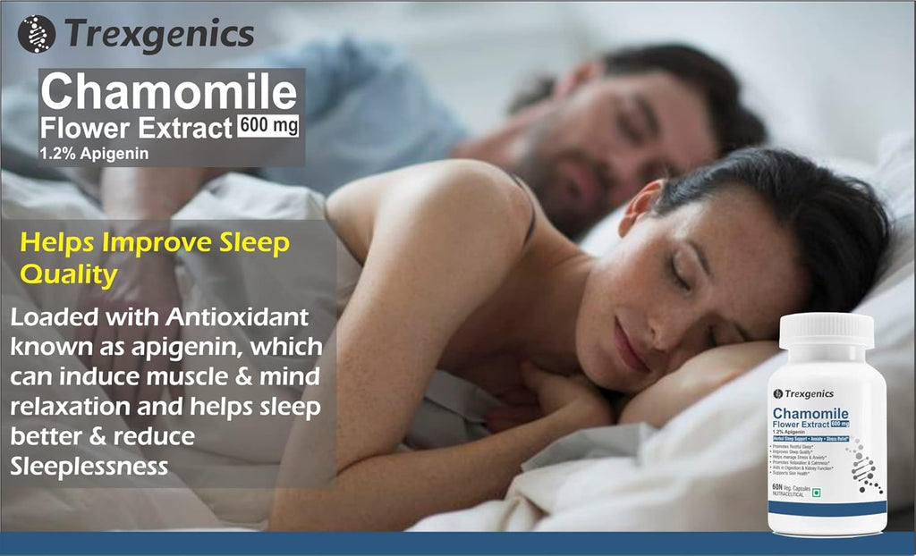 Trexgenics CHAMOMILE 1.2% Apigenin 600 mg Sleep, Relexation, Kidney & Urinary tract support VEGAN & NON-GMO (60 Veg. Capsules) (Pack of 1)