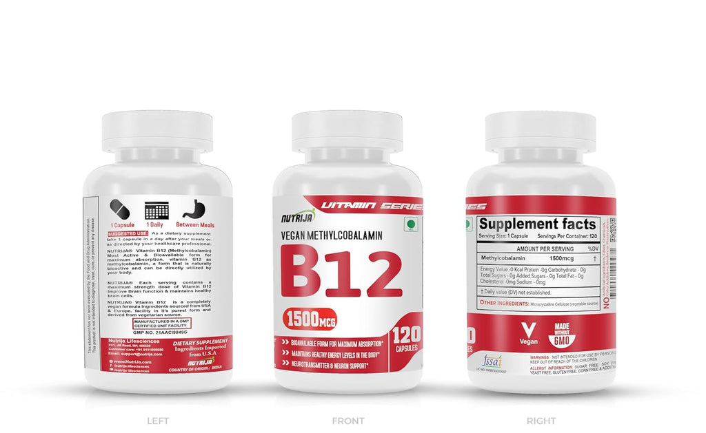 NutriJa Vitamin B12 Active form of Methylcobalamin | Maximum Absorption, Normal Energy Production & Immune system support (120 Capsules)