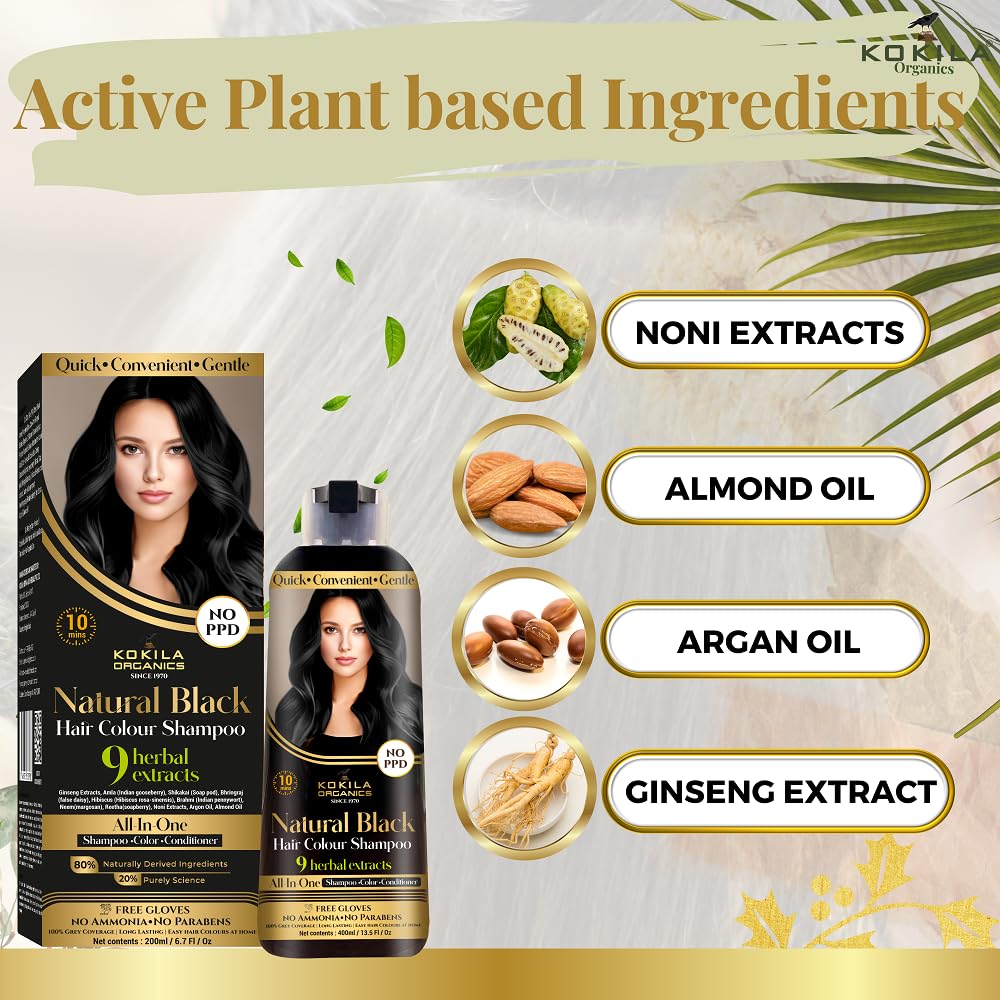 Kokila NO PPD Shampoo Hair Colour - Black 400ml for Women and Men | Natural Extracts | Colours Hair in 10 Minutes | Ammonia Free, Paraben Free - 10 Pair Free Gloves