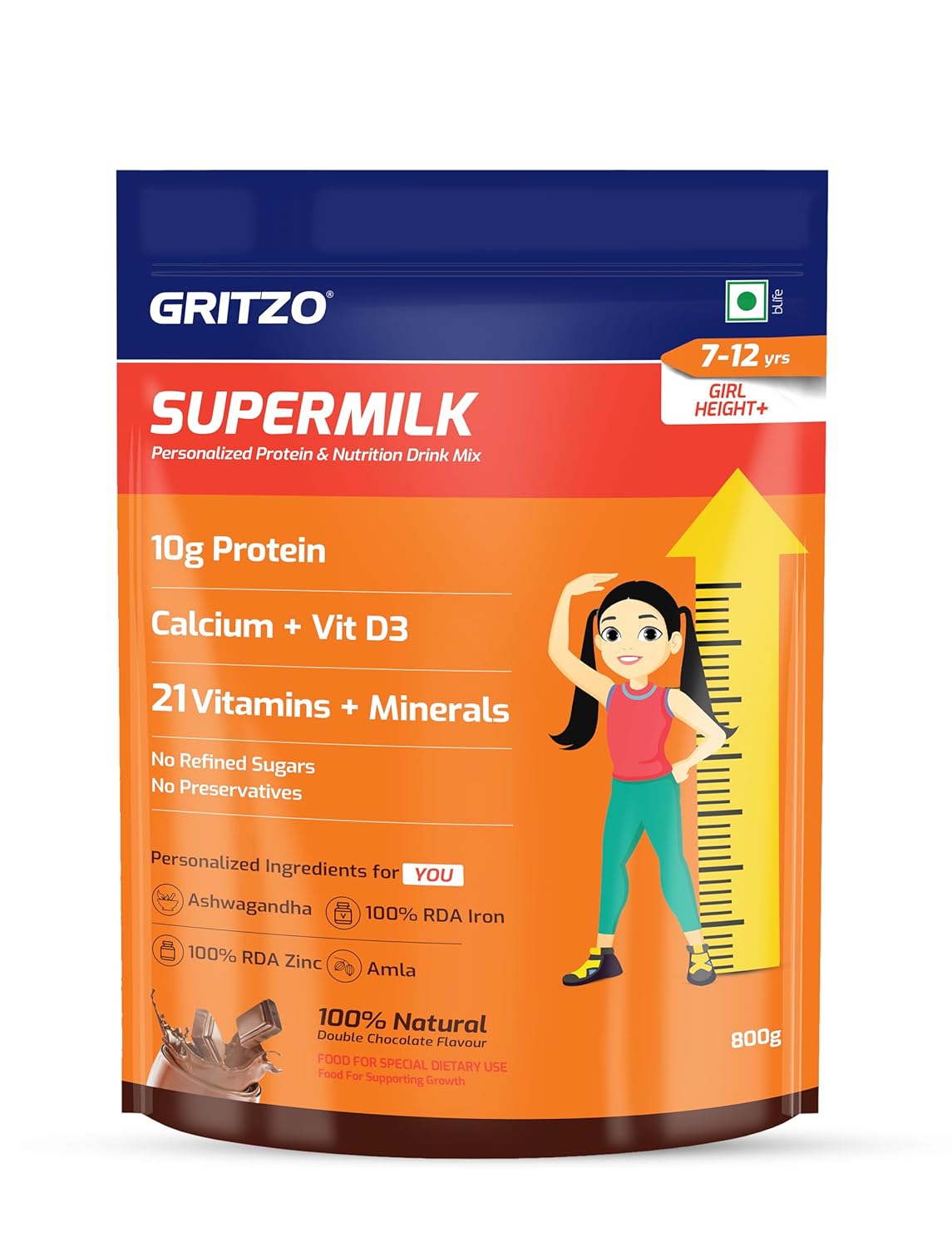 Gritzo SuperMilk Height+ Health Drink for 10-12y Girls - Double Chocolate Flavor