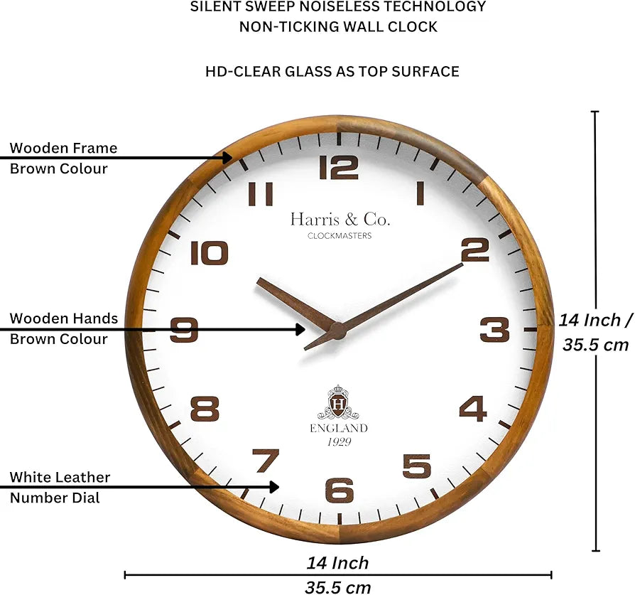 Harris & Co. Clockmasters Wooden Analog Wall Clock With Leather Dial and Wooden Hands14 Inch Silent Sweep Noiseless Technology Model - Brick Lane