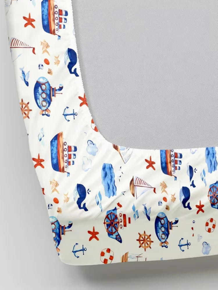 Trance Home Linen 180TC 100% Cotton 78"x60" Standard Queen Size Elastic Fitted Kids Bedsheet Cartoon Printed Queen Bed Size with 2 Pillow Covers Colour Boat Blue