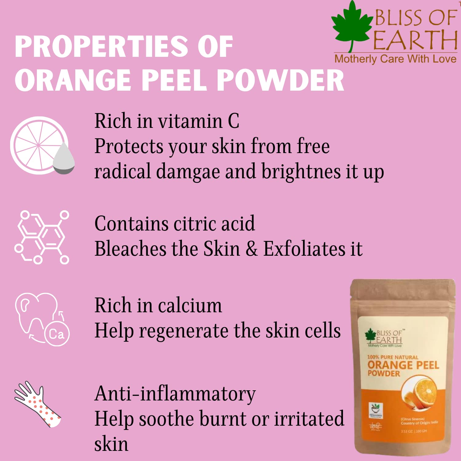 Bliss of Earthâ„¢ 100% Pure Orange Peel Powder | 100GM | Best For Naturally Glowing Skin | Natural Sun Tan Remover & Exfoliator | Hair Conditioning & Skin Care |