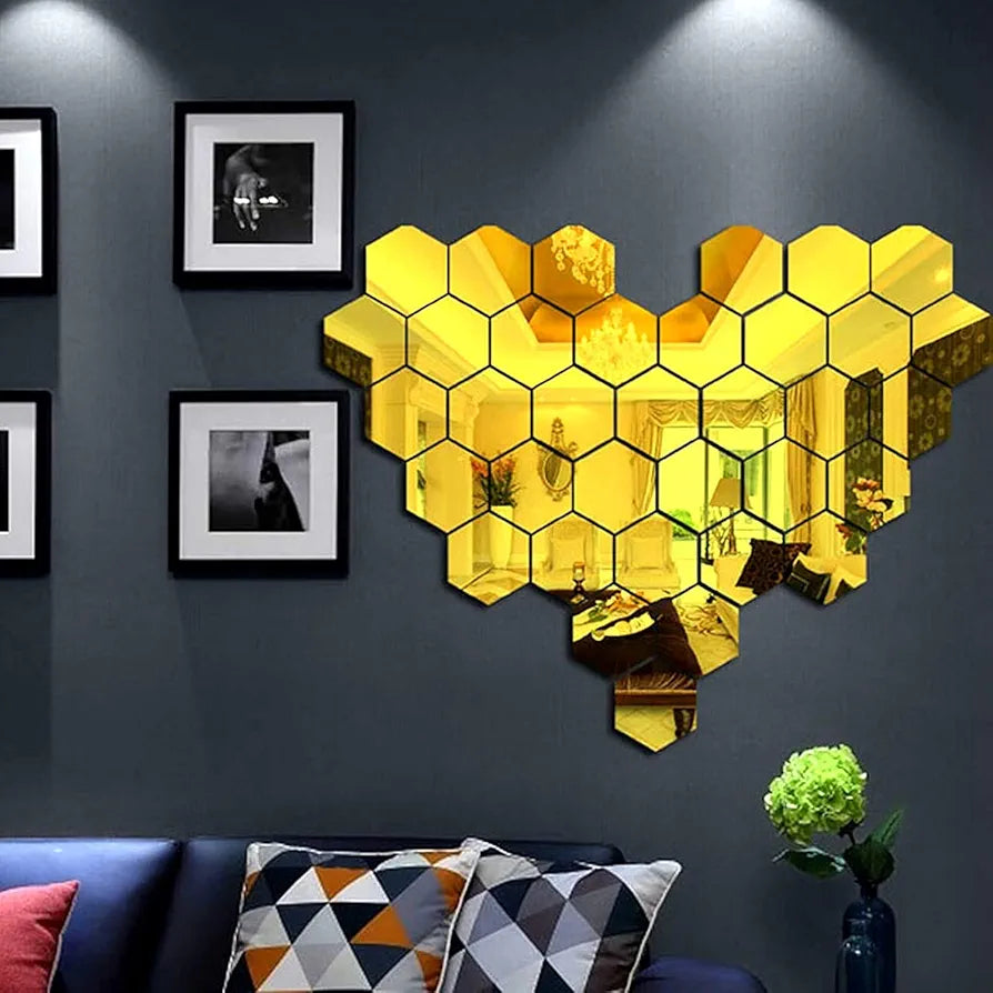 Bikri Kendra Hexagon 28 Golden with 20 Butterfly Stickers for Wall Hexagon Stickers Acrylic Sticker