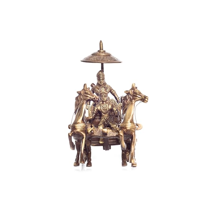 Ecraftindia Antique Krishna Arjuna Rath Brass Showpiece | Brown
