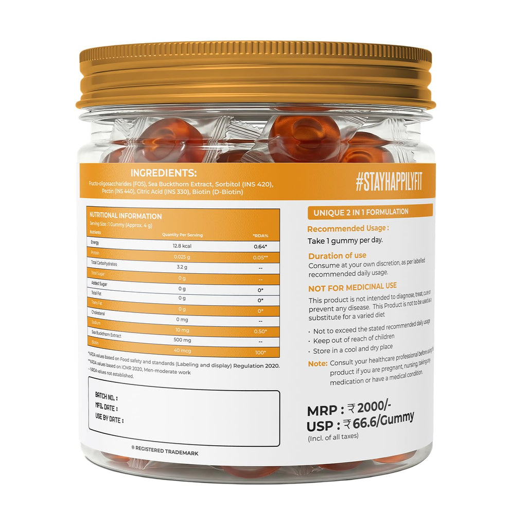 Naturaltein Sea Buckthorn Gummies with Biotin | 30 Gummies | Rich in Vitamin C, A, E & B-Complex | Naturally Occurring Antioxidants, Minerals & Amino Acids | Omega 3, 6, 7 & 9 | 500mg Extract + 40mcg Biotin | Supports Hair, Skin & Nails | No Added Sugar