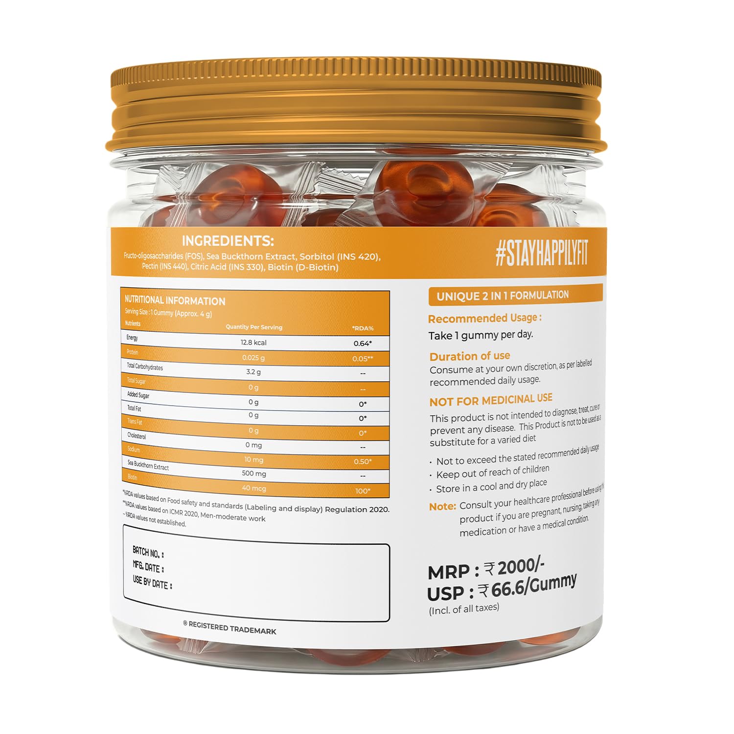 Naturaltein Sea Buckthorn Gummies with Biotin | 30 Gummies | Rich in Vitamin C, A, E & B-Complex | Naturally Occurring Antioxidants, Minerals & Amino Acids | Omega 3, 6, 7 & 9 | 500mg Extract + 40mcg Biotin | Supports Hair, Skin & Nails | No Added Sugar