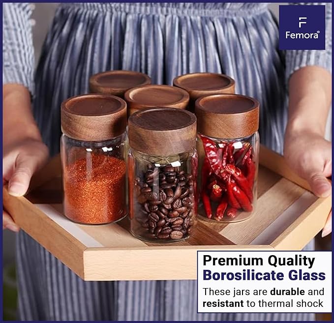 Femora Kitchen Storage Jars Borosilicate Glass With Wooden Lid Air Tight Jar | 350 Ml | Pack of 6 | Transparent