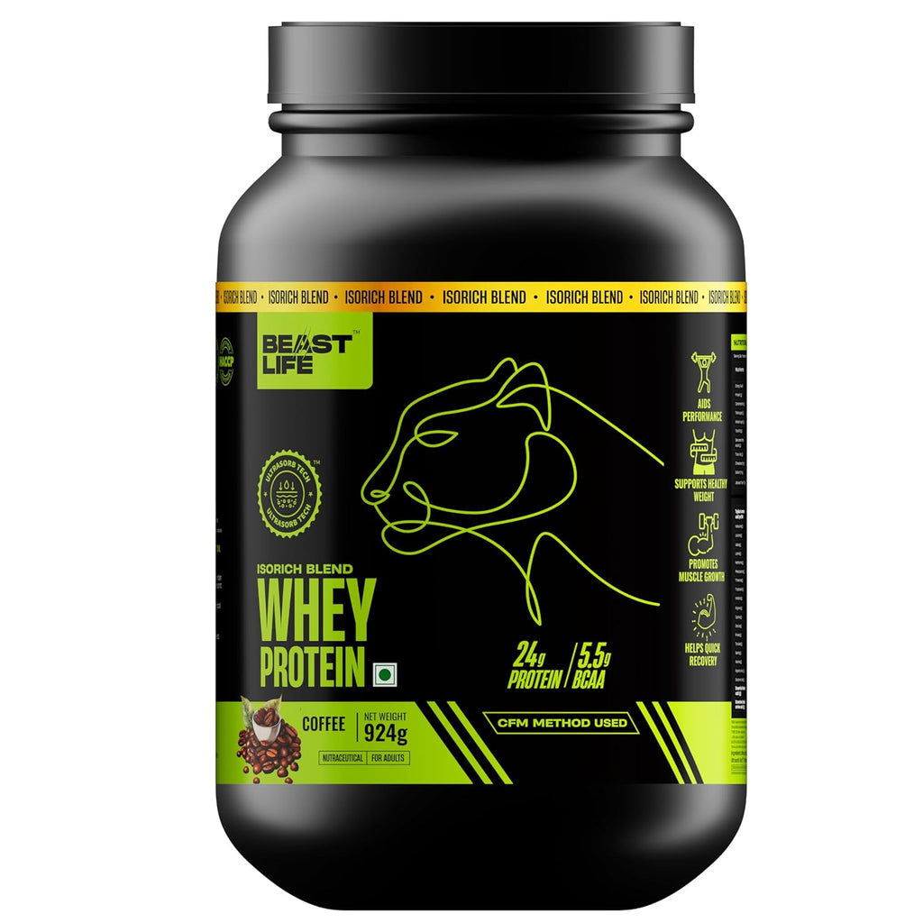 BeastLife Isorich Whey Protein Isolate Powder |2 Lbs | Coffee Flavor | Fast Muscle Growth & Recovery| No Artificial Sweeteners| Ultrasorb Tech For Fast Digestion|NABL Lab Certified | 24g Protein, 5.3g BCAA | No Bloating