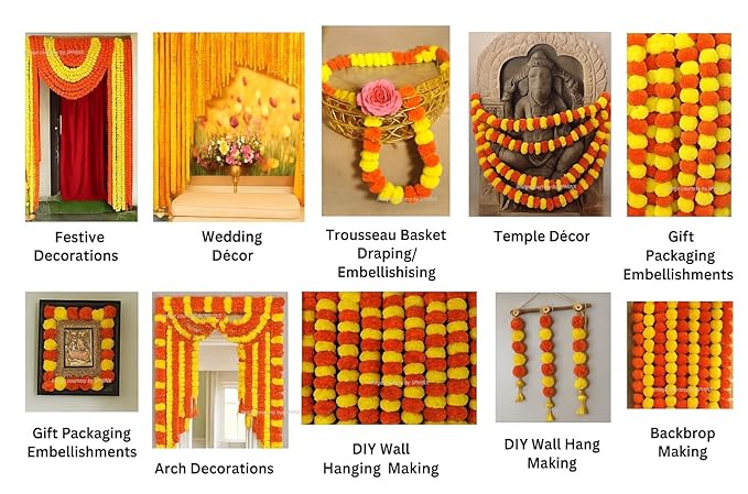 Artificial Marigold Flower Garlands Fluffy Marigold Strings Yellow &Dark Orange 5 Pcs