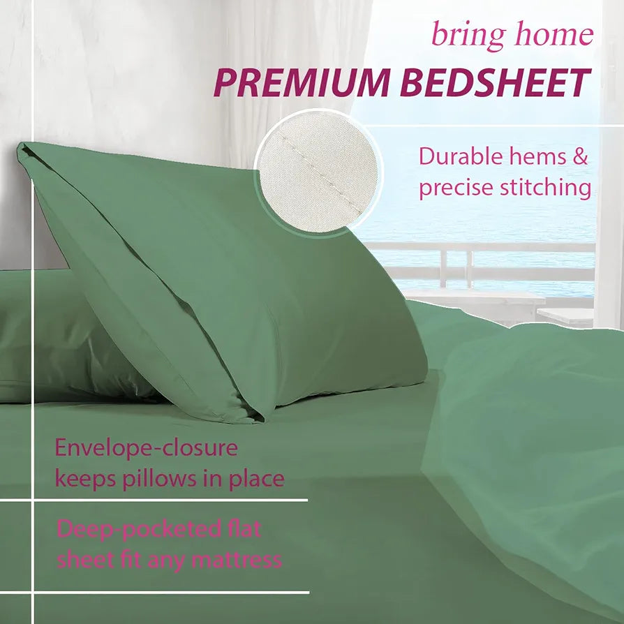 Trance Home Linen Premium 300 TC Pure 100% Cotton King Fitted Bedsheet with 2 Pillow Printed Covers Colour Olive