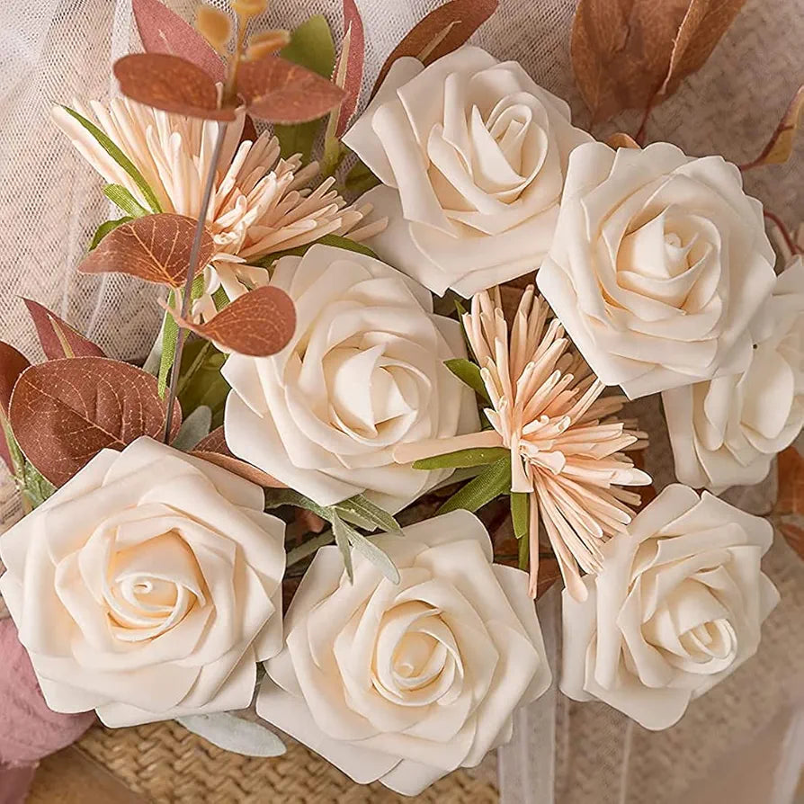 Artificial Flowers Champagne Roses W/Stem Rustic 25pcs Champagne