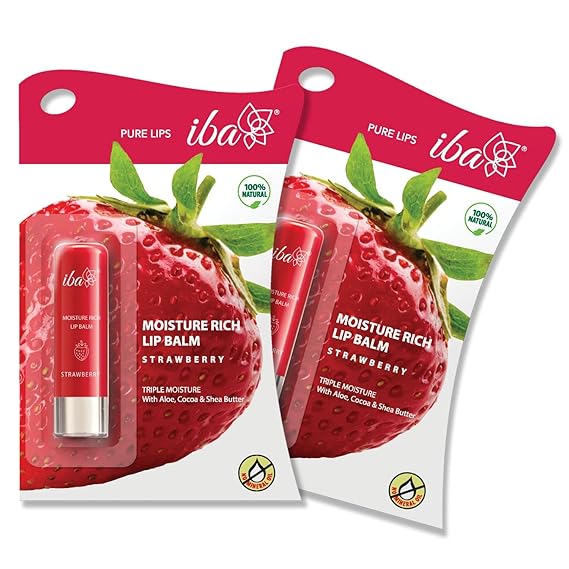 Iba Pure Lips Moisture Rich Lip Balm - Strawberry 4.5 Gms | for Pigmented Dry Damaged & Chapped Lips | Pack of 2