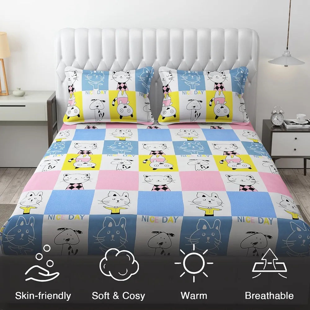 Fresh From Loom Hypoallergenic Glace Cotton Kids Elastic Fitted Bedsheet Rotary Printed Wrinkle Free With 2 Pillow Covers Aqua Pink 300 TC