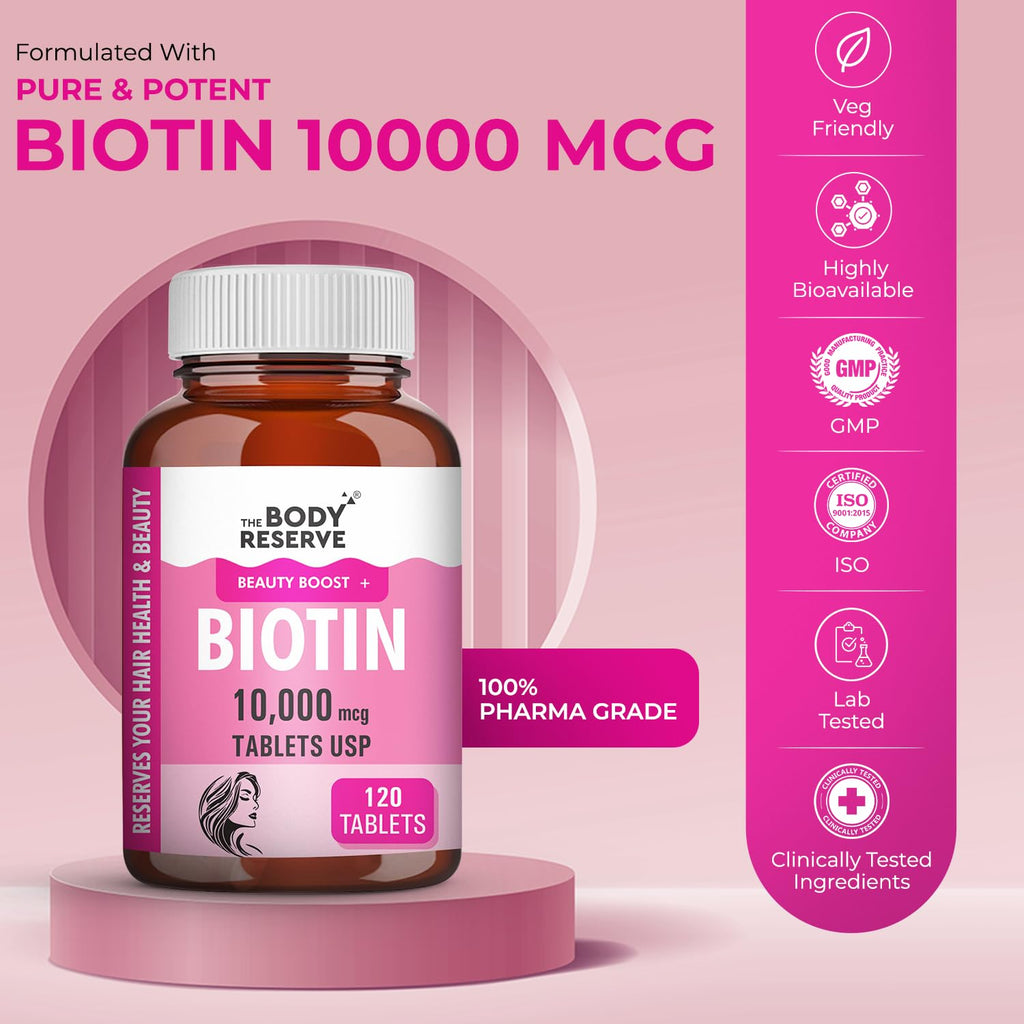 The Body Reserve Biotin 10000mcg 120 Veg Tabs, Biotin Tablets For Hair, Skin & Nails, Hair Vitamins biotin Supplement For Men & Women 4 Monthâ€™s Supply Pack