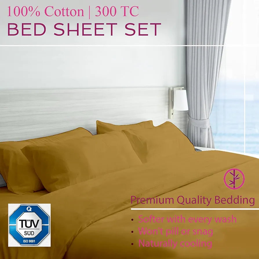 Trance Home Linen Premium 300 TC Pure 100% Cotton King Fitted Bedsheet with 2 Pillow Covers Colour Gold