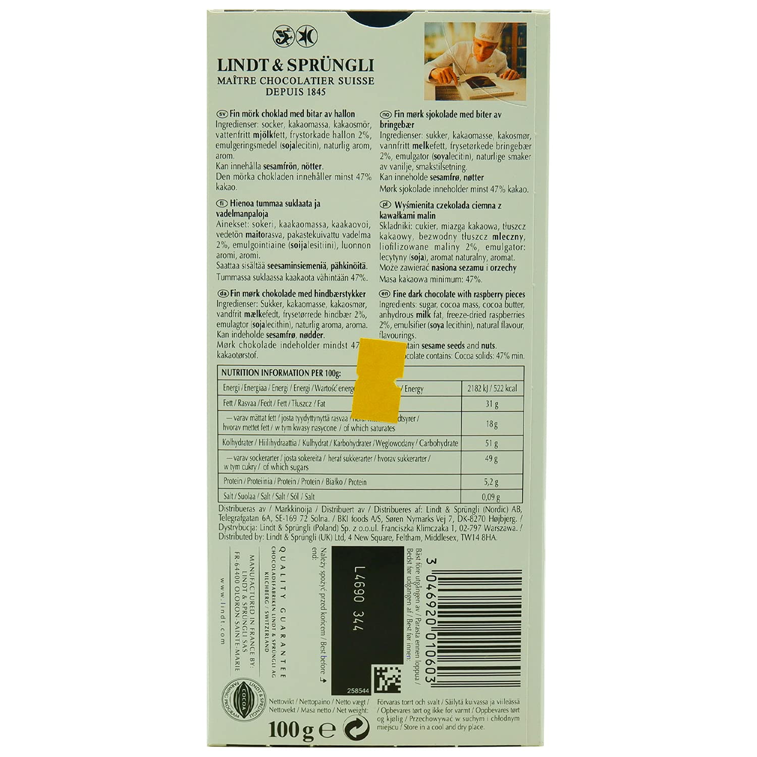 Lindt Excellence Raspberry Intense Dark Chocolate - 100 gms