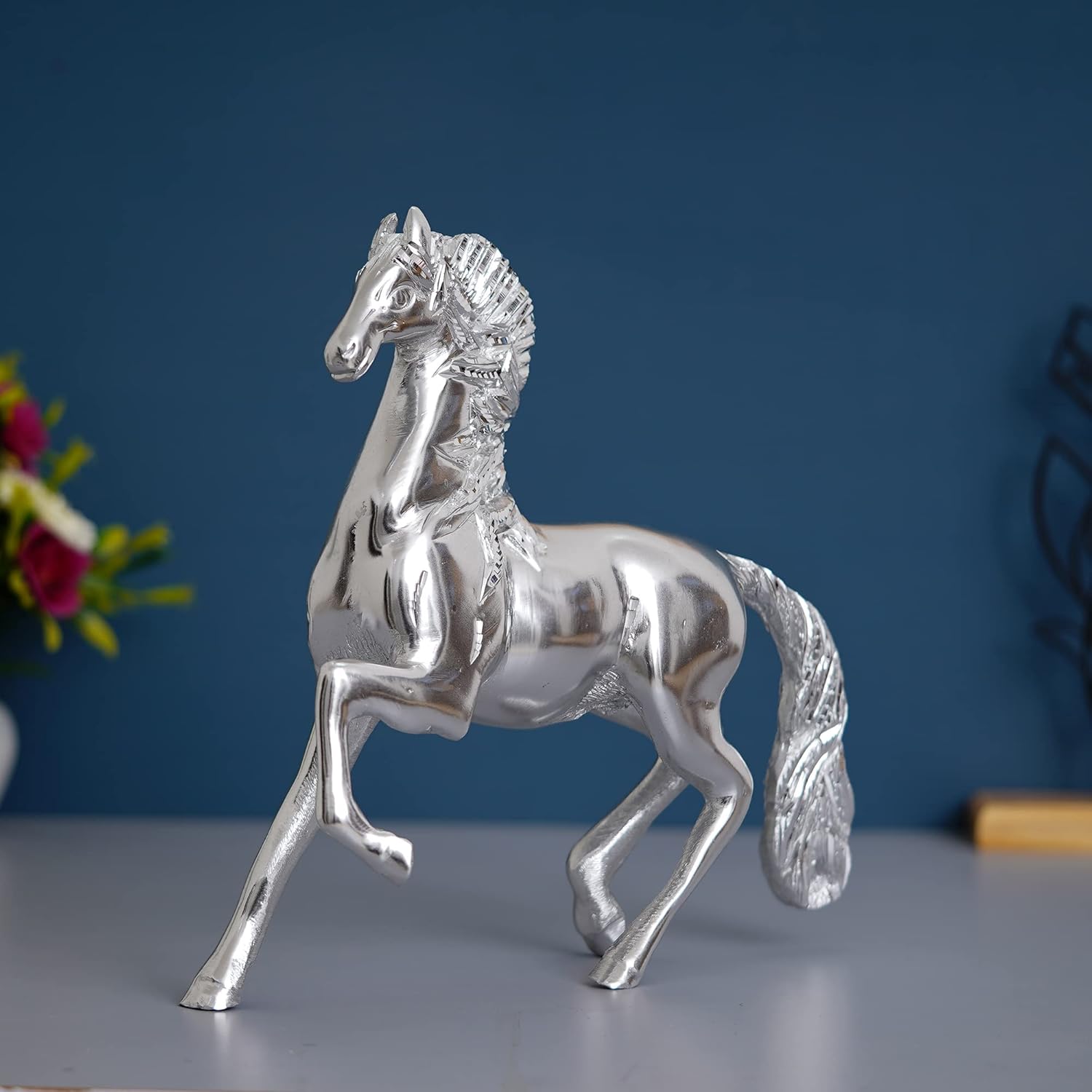 Ecraftindia White Metal Silver Running Horse Statue Animal Figurine Decorative Showpiece for Home and Office Decor