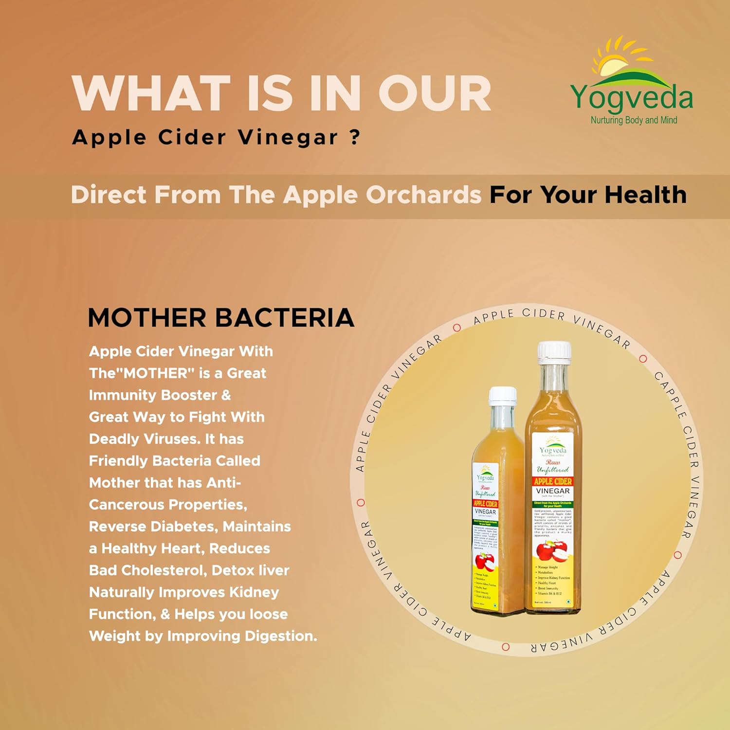 Yogveda Apple Cider Vinegar With Mother of Vinegar Raw Unfiltered - 500 ml