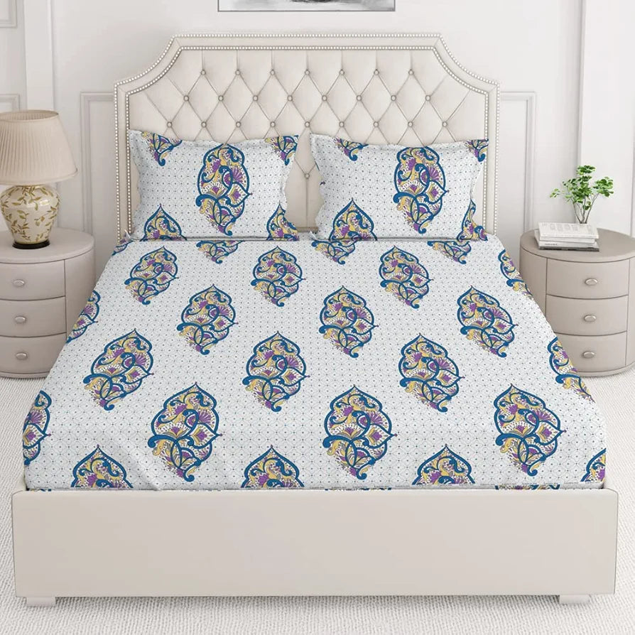 Layers Duracount Bedsheet Set for All Seasons Lightweight 225 CVC King Size Blue Ethnic