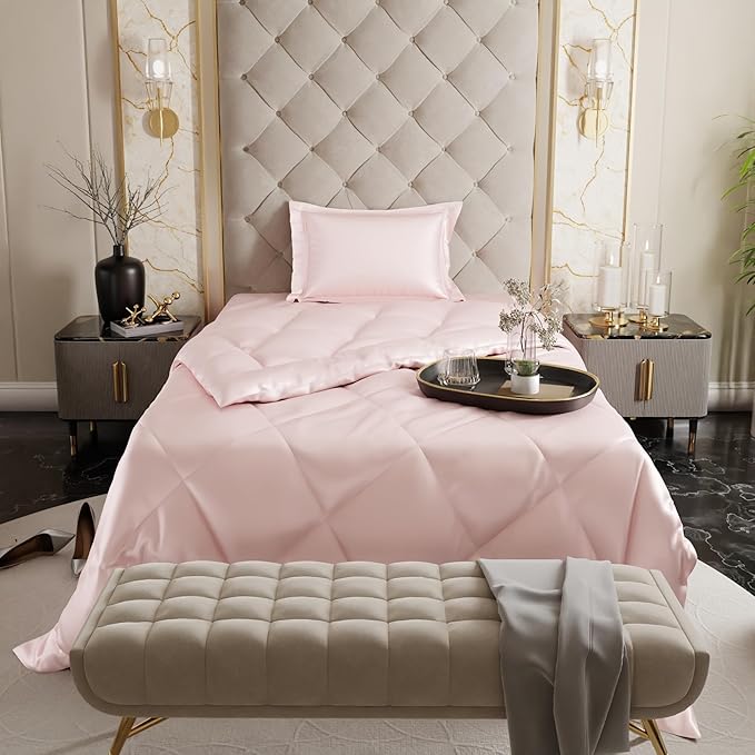 Stoa Paris Satin Comforter Single Bed with 300 TC One Pillow Cover Colour Blushing Pink